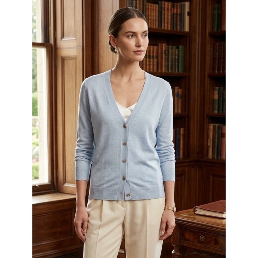 J. Crew Light Blue Merino Wool Blend V-Neck Cardigan XS Elevated Preppy Layering